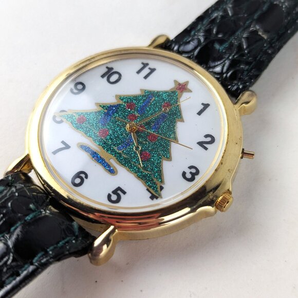 Vintage Green Leather Christmas Tree Watch - Picture 3 of 11